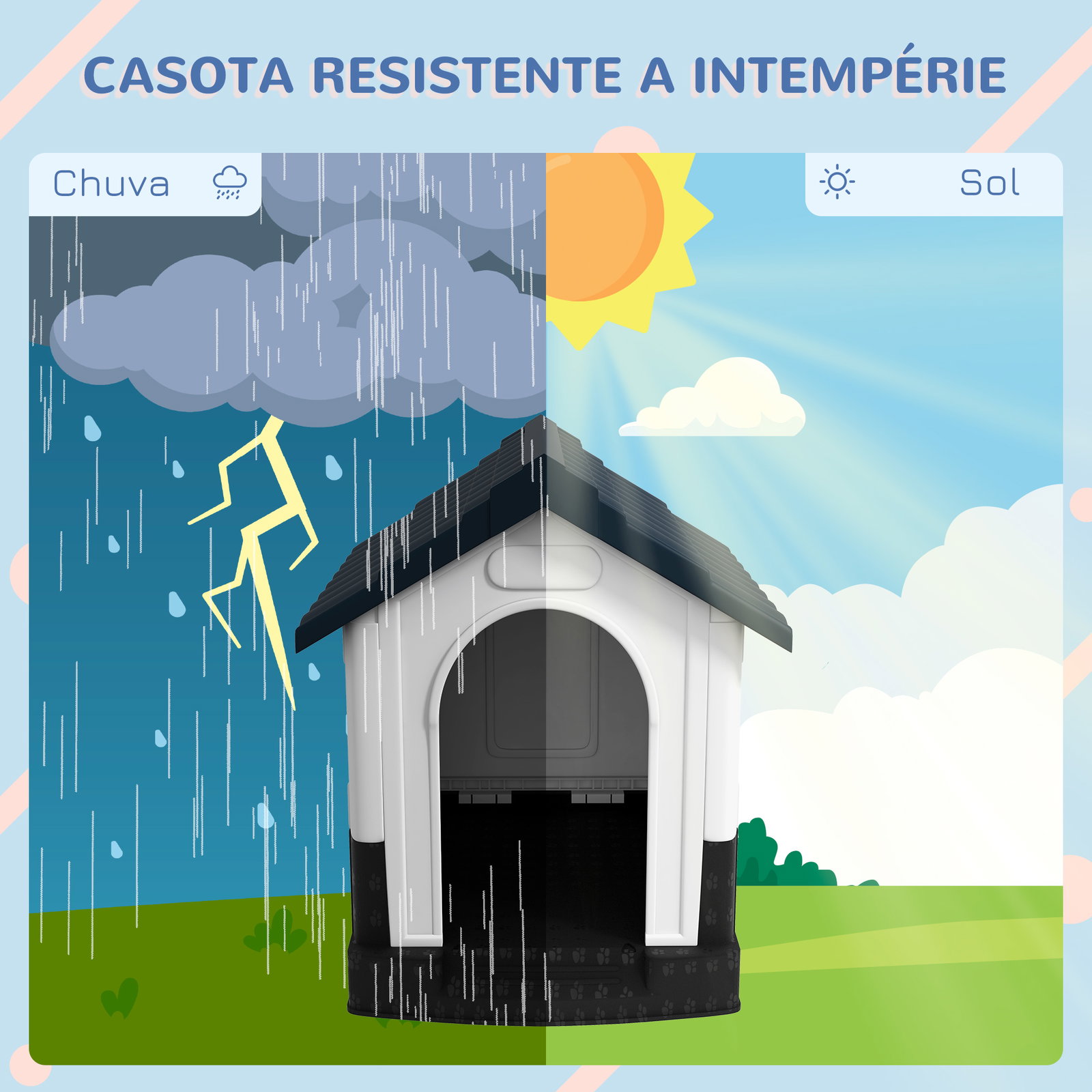 Casa para cães mini de exterior em plástico com 3 janelas base elevada telhado inclinado 64,5x57x66 cm cinzento escuro