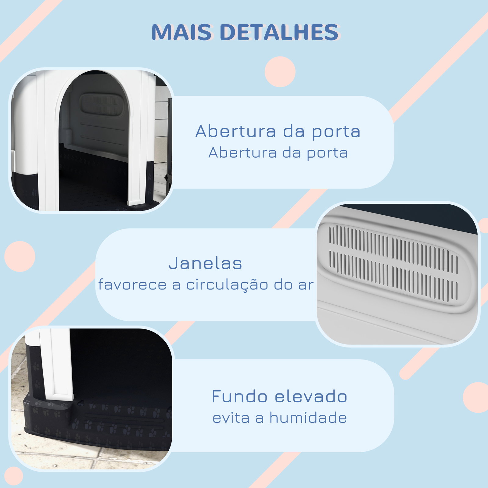 Casa para cães mini de exterior em plástico com 3 janelas base elevada telhado inclinado 64,5x57x66 cm cinzento escuro