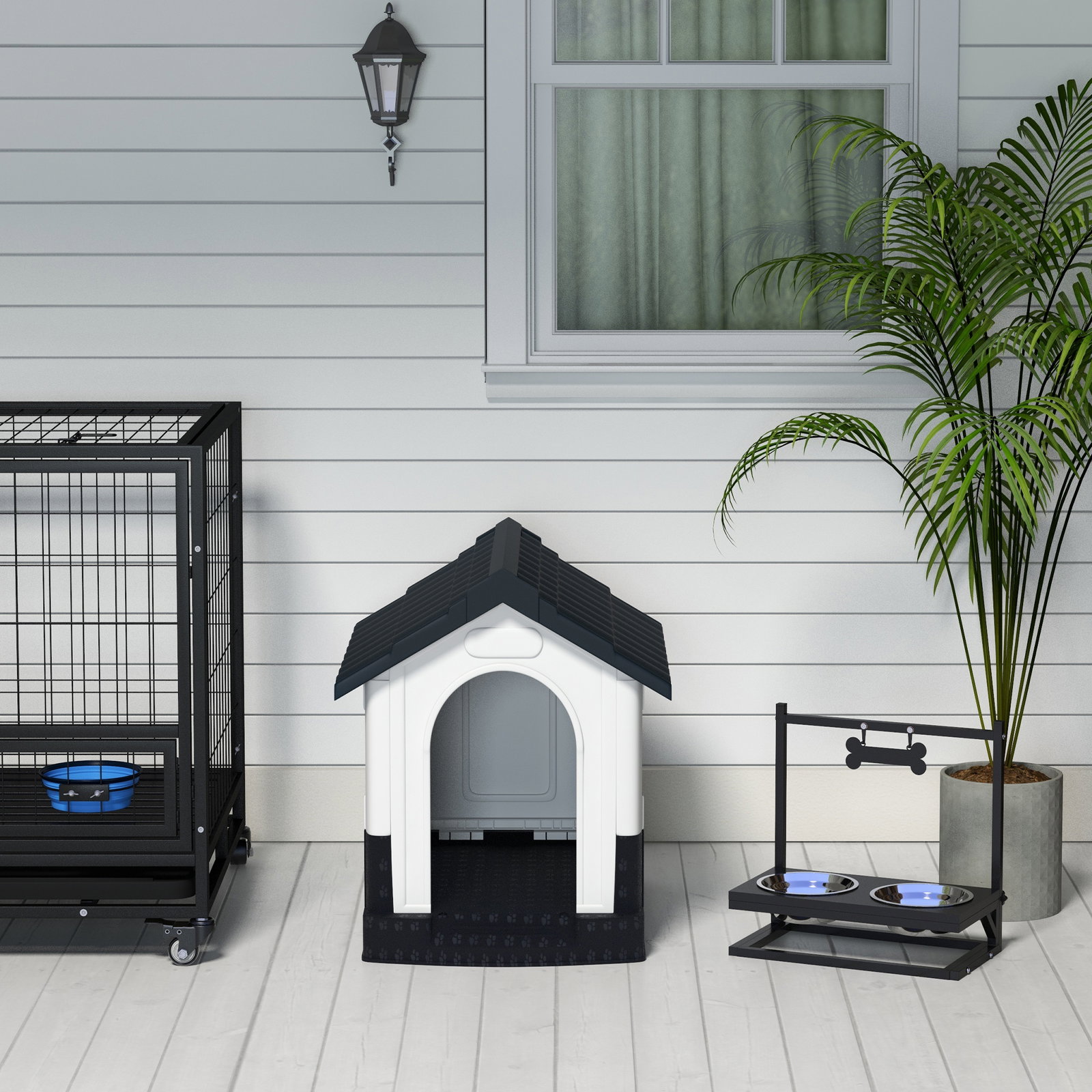 Casa para cães mini de exterior em plástico com 3 janelas base elevada telhado inclinado 64,5x57x66 cm cinzento escuro