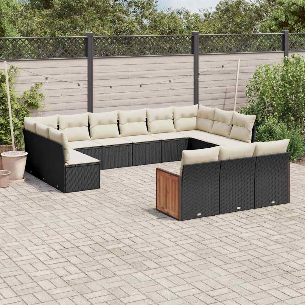 13 Pcs conjunto de sofás de jardim com almofadões vime PE preto