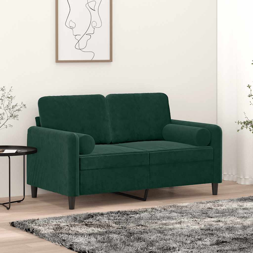 Sofá 2 lug. c/ almofadas decorativas 120 cm veludo verde-escuro
