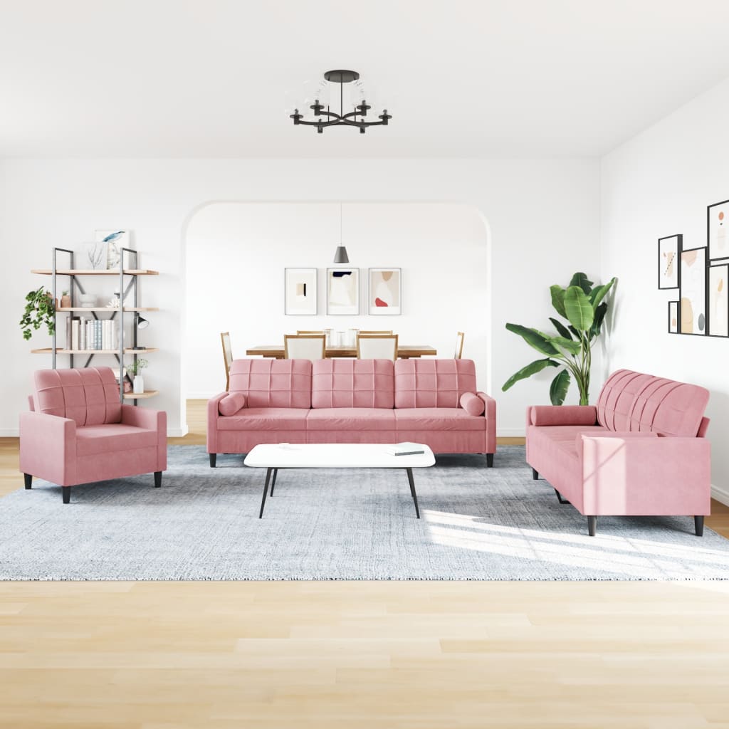 3 Pcs conjunto de sofás com almofadões e rolos veludo rosa