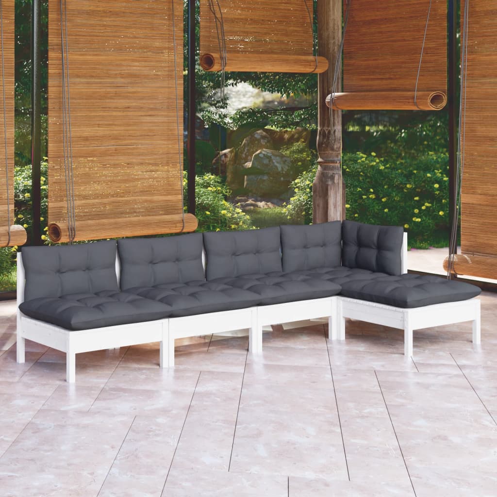 5 Pcs conjunto lounge de jardim c/ almofadões pinho branco