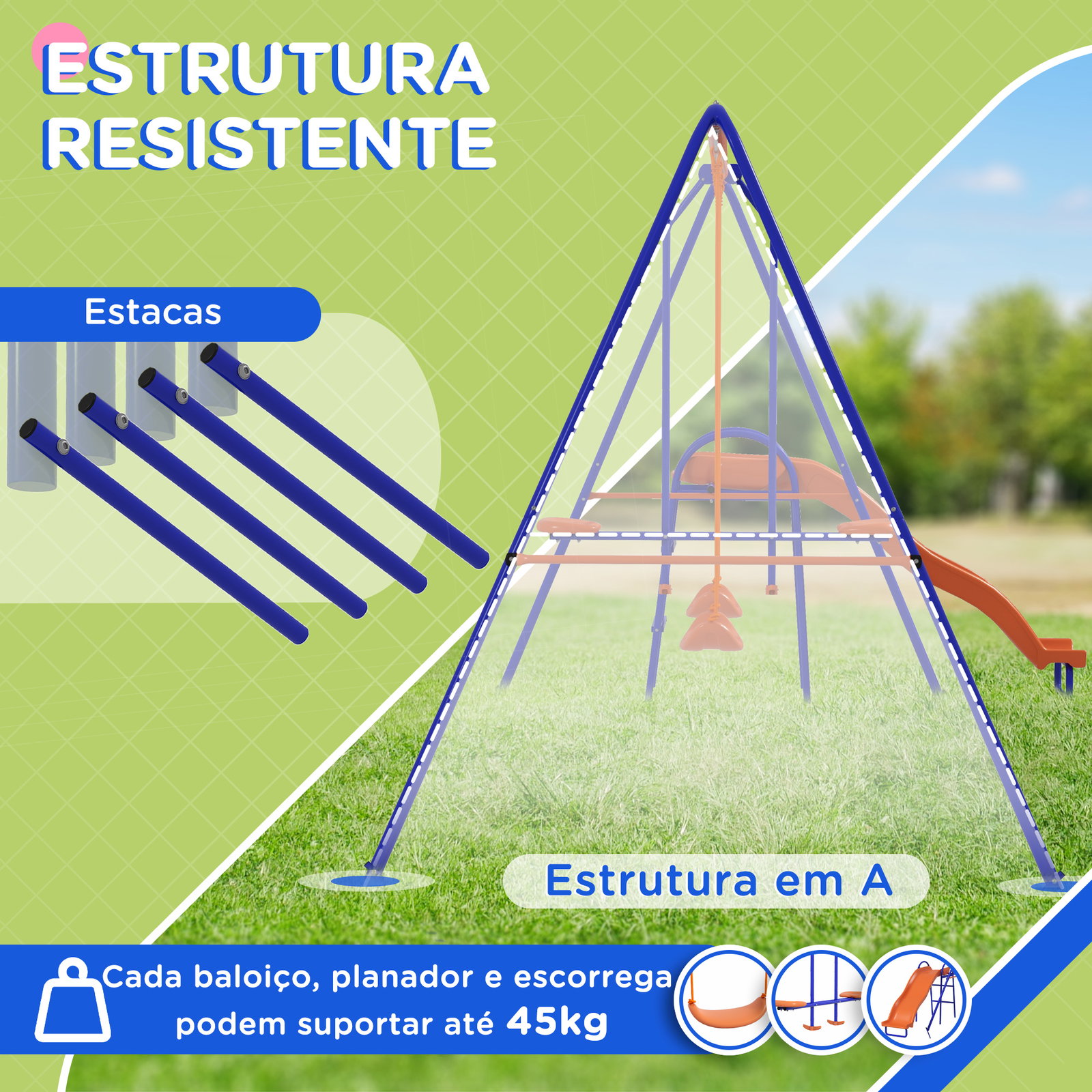 Conjunto de baloiços 4 em 1 com 2 baloiços individuais 1 baloiço planador e 1 escorrega 367x192x180 cm multicor