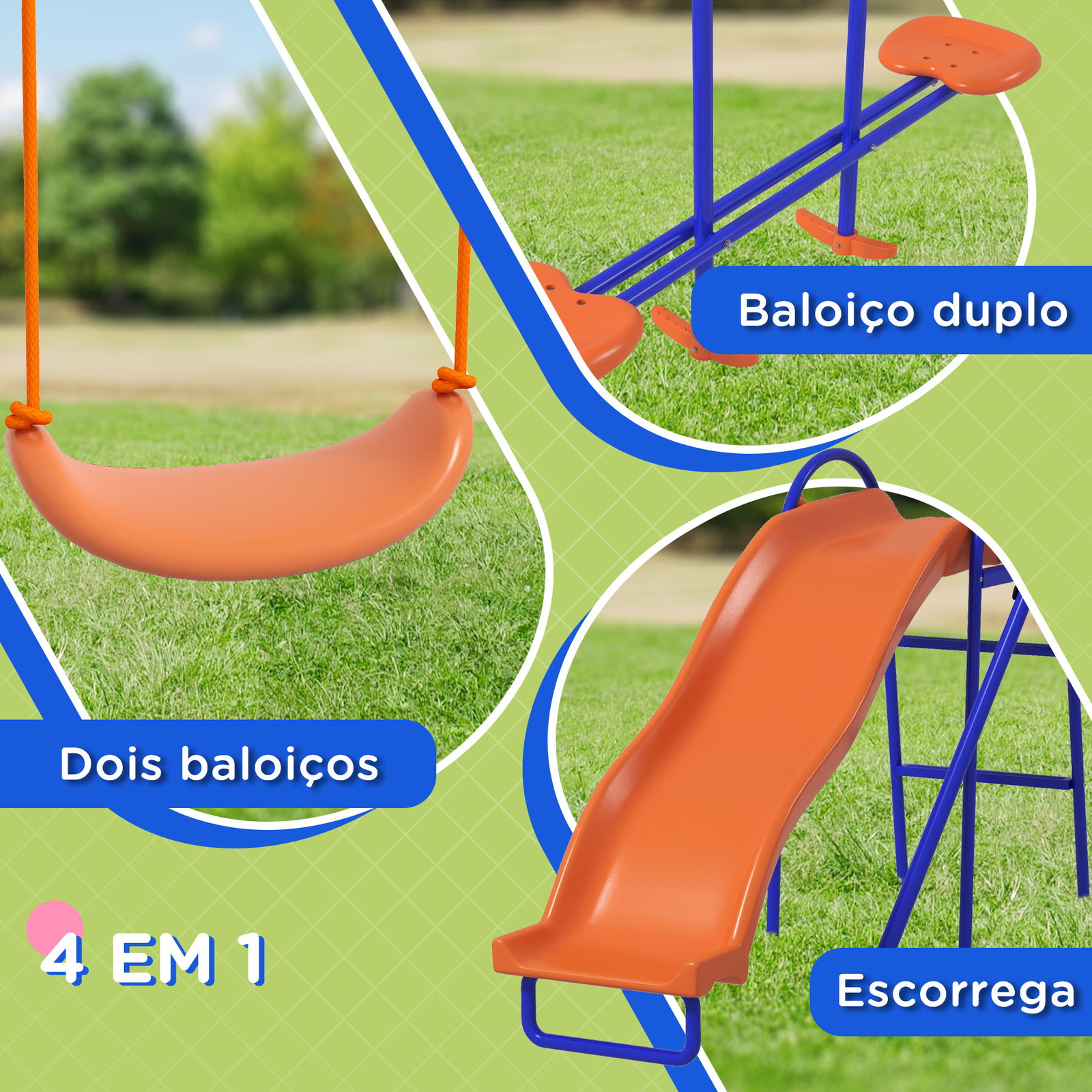 Conjunto de baloiços 4 em 1 com 2 baloiços individuais 1 baloiço planador e 1 escorrega 367x192x180 cm multicor