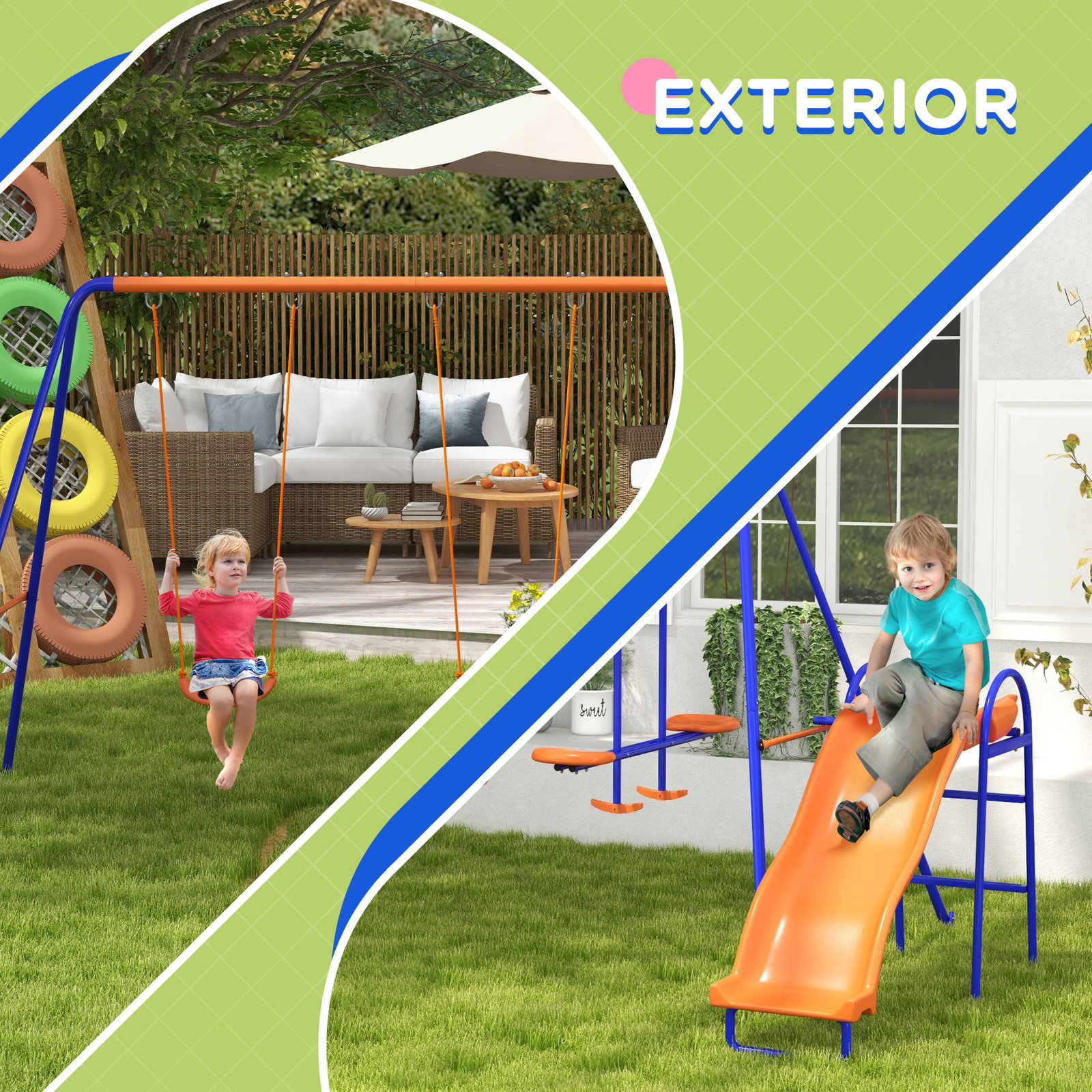 Conjunto de baloiços 4 em 1 com 2 baloiços individuais 1 baloiço planador e 1 escorrega 367x192x180 cm multicor