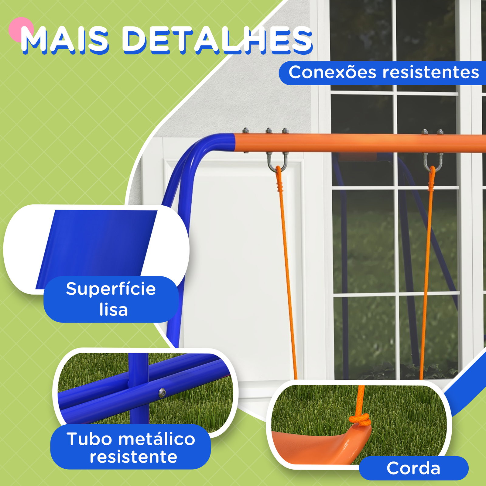Conjunto de baloiços 4 em 1 com 2 baloiços individuais 1 baloiço planador e 1 escorrega 367x192x180 cm multicor