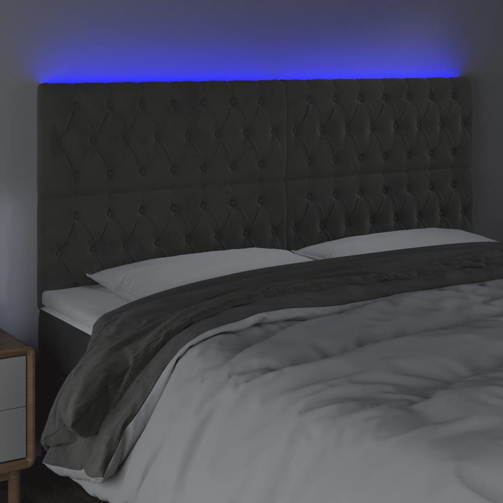 Cabeceira de cama c/ LED veludo 200x7x118/128 cm cinza-escuro