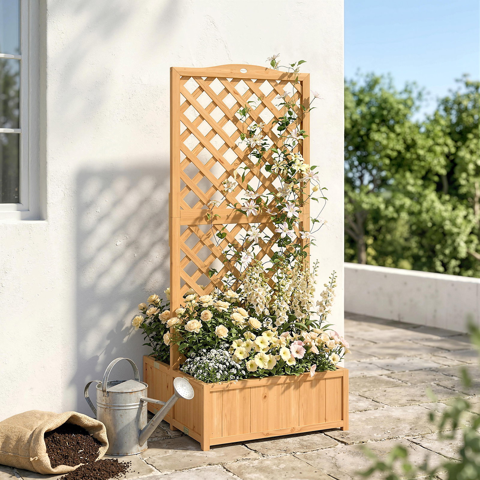 Floreira com treliça de madeira com 2 caixas dobráveis base de ripas vaso elevado 73x70x170 cm madeira