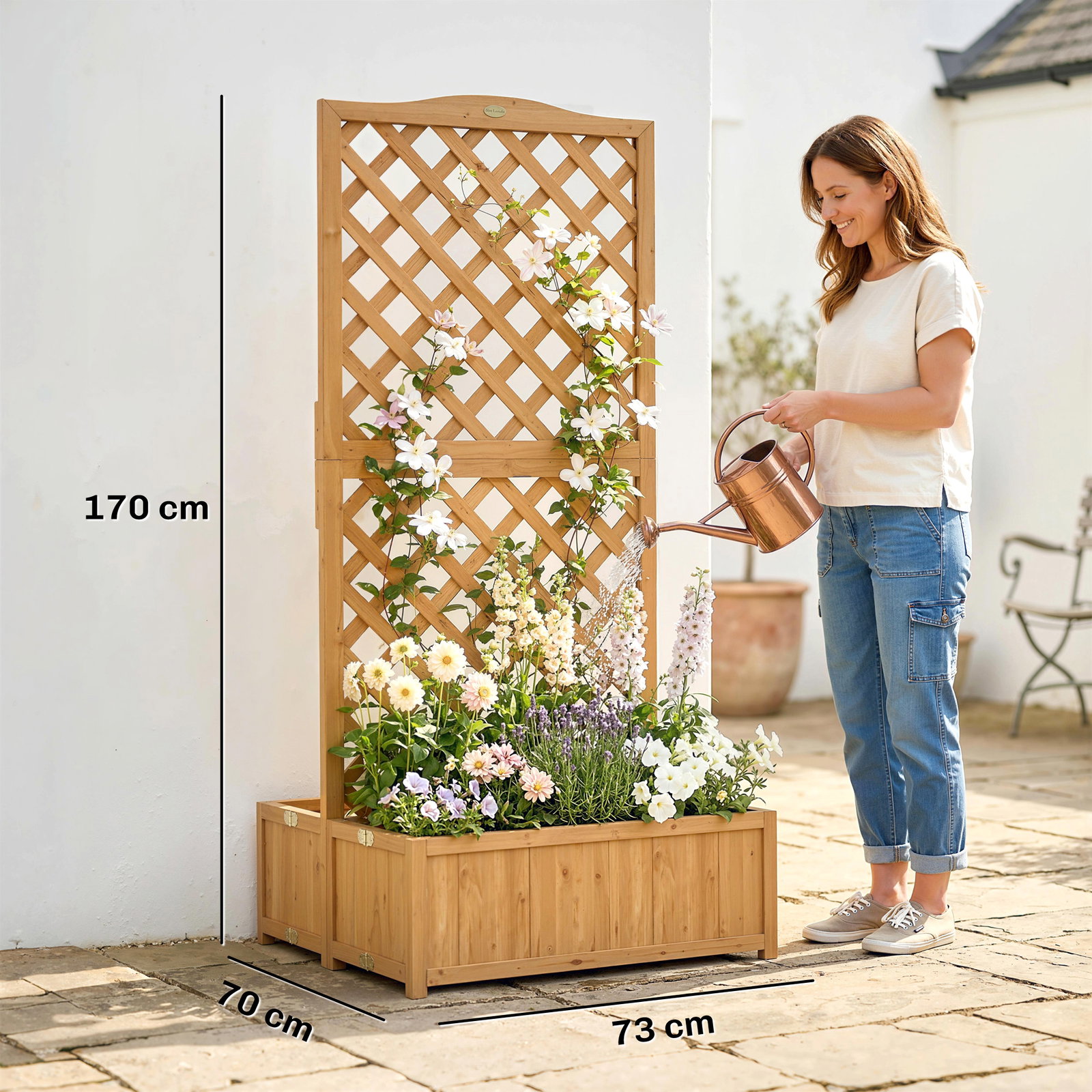 Floreira com treliça de madeira com 2 caixas dobráveis base de ripas vaso elevado 73x70x170 cm madeira