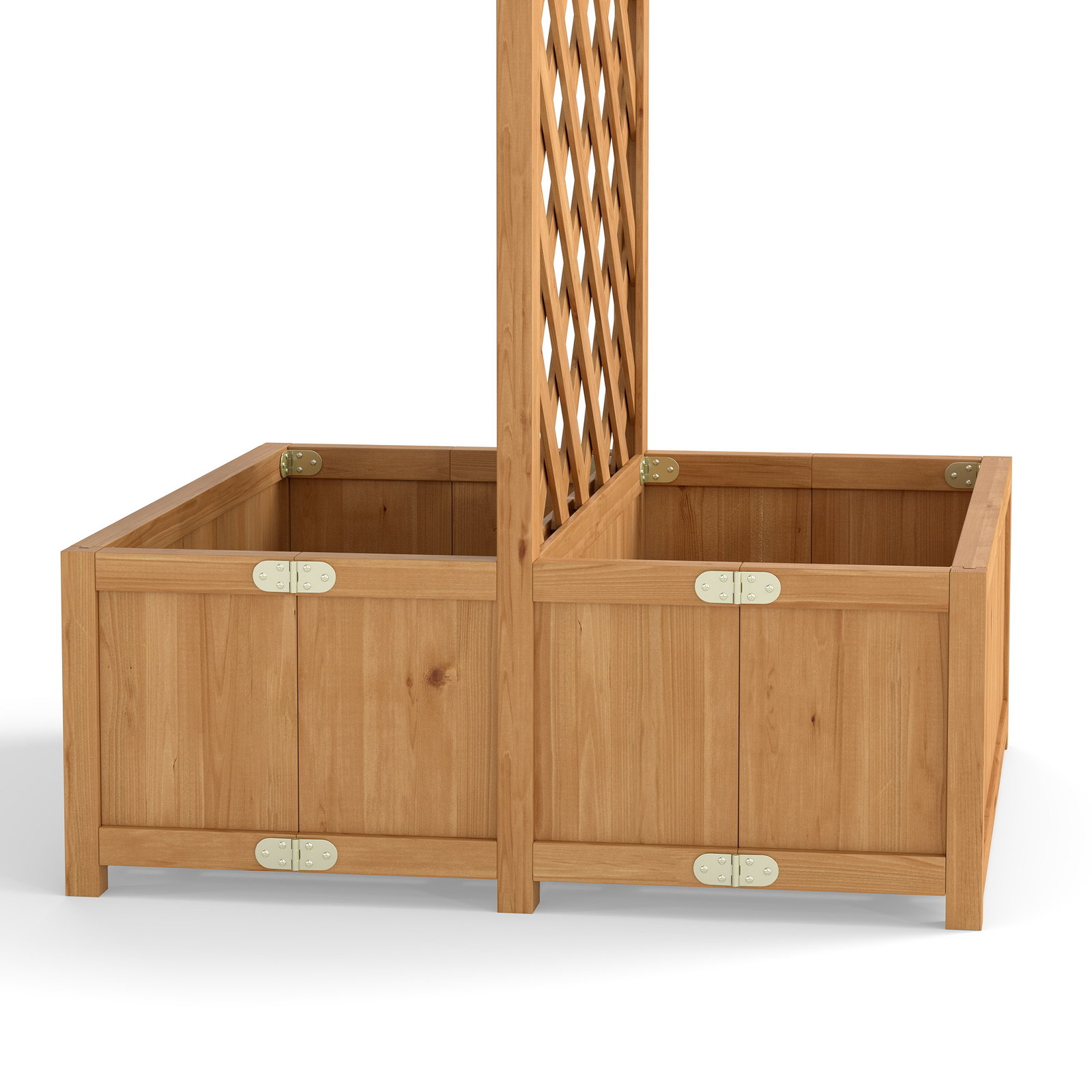 Floreira com treliça de madeira com 2 caixas dobráveis base de ripas vaso elevado 73x70x170 cm madeira