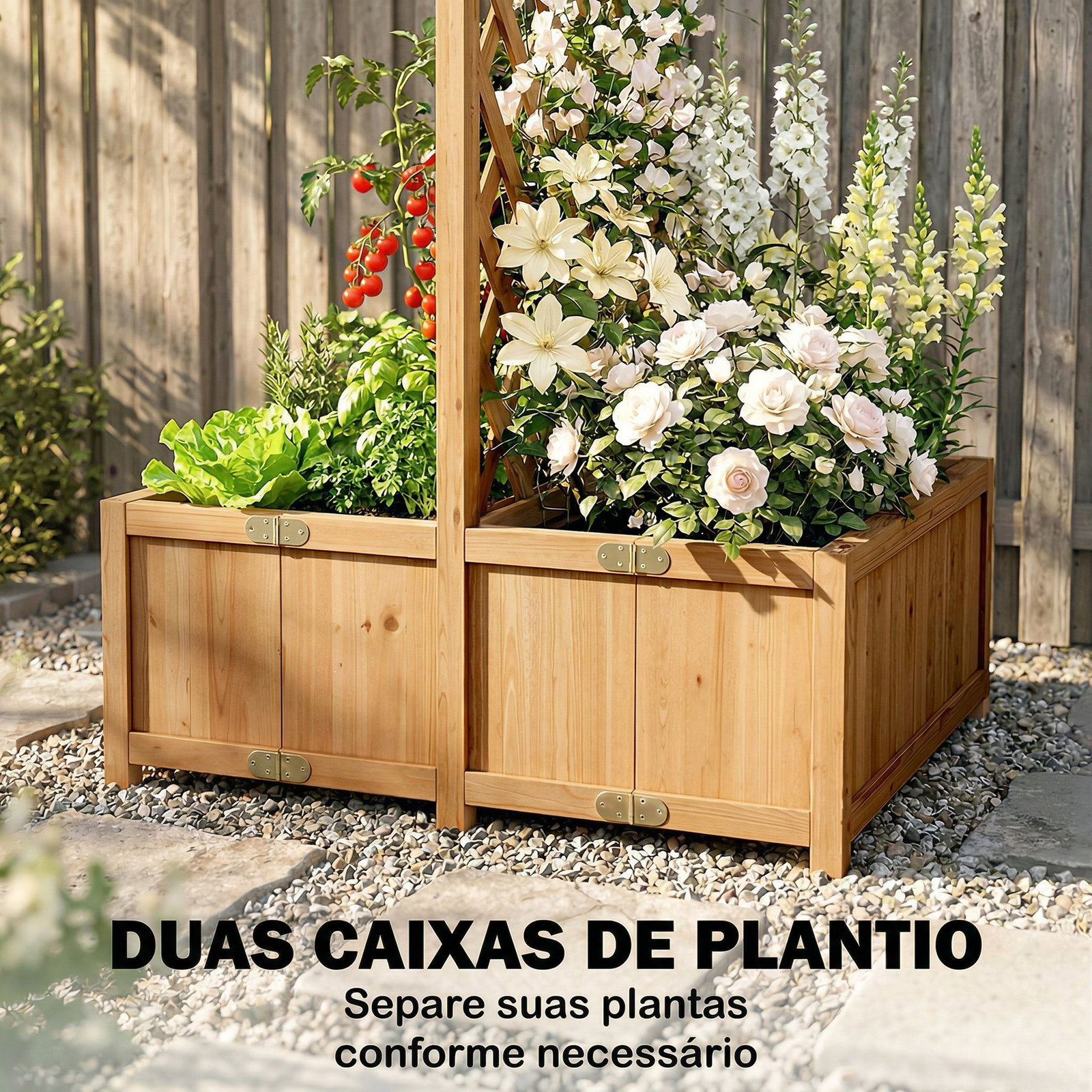 Floreira com treliça de madeira com 2 caixas dobráveis base de ripas vaso elevado 73x70x170 cm madeira