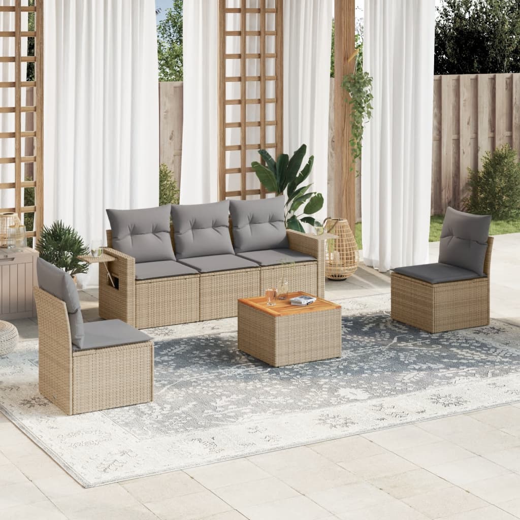 6 Pcs conjunto de sofás p/ jardim com almofadões vime PE bege