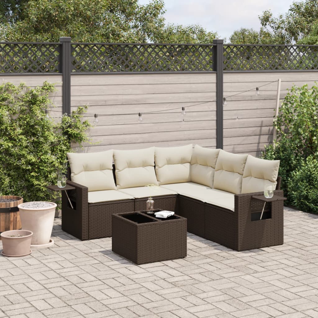 6 Pcs conjunto de sofás jardim c/ almofadões vime PE castanho