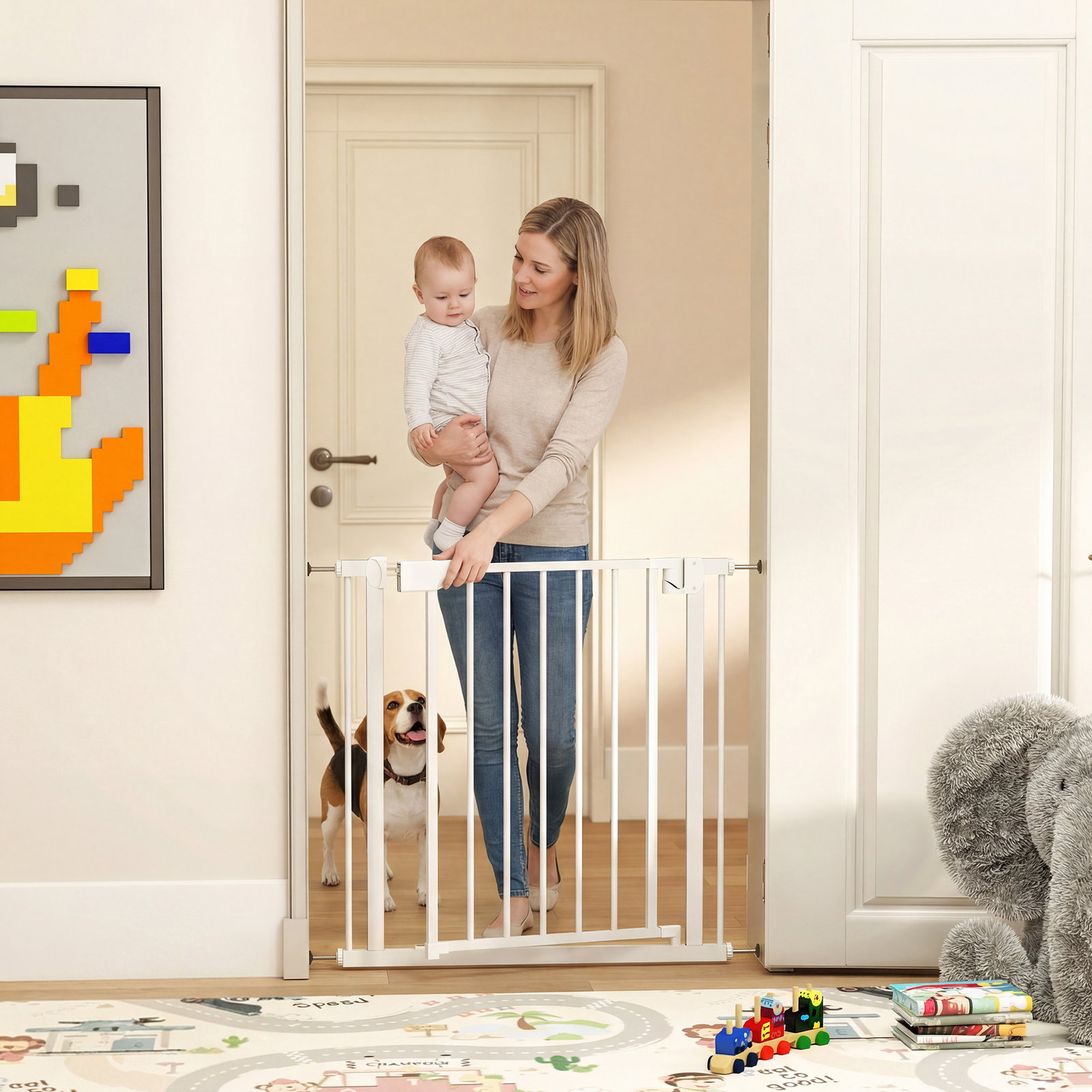 Barreira de segurança para crianças e cães largura 76-82 cm duplo fecho automático abertura em dois sentidos branco
