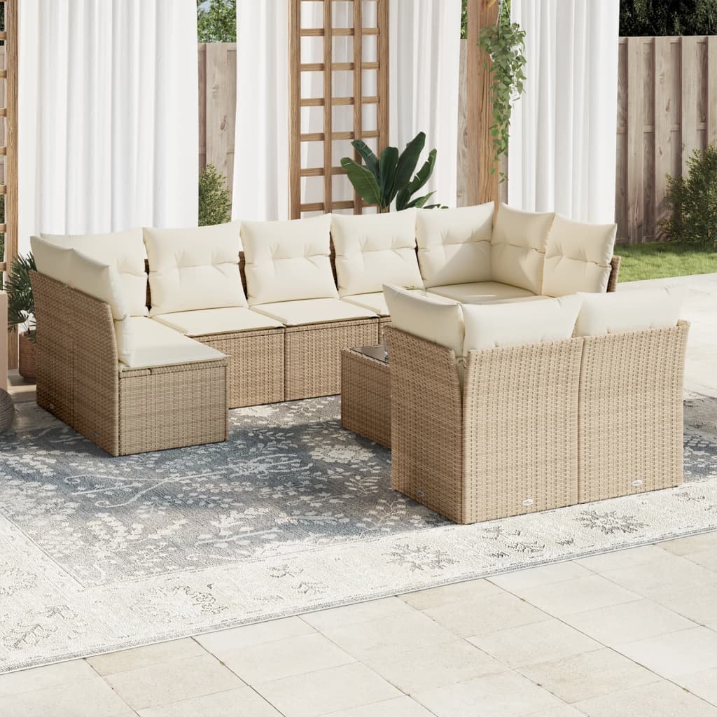 10 Pcs conjunto de sofás p/ jardim com almofadões vime PE bege