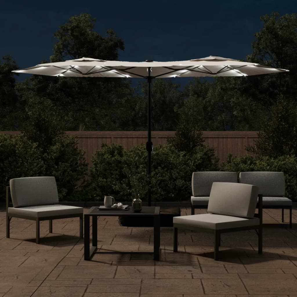 Guarda-sol de jardim c/ cabeça dupla/LED 316x145cm branco areia