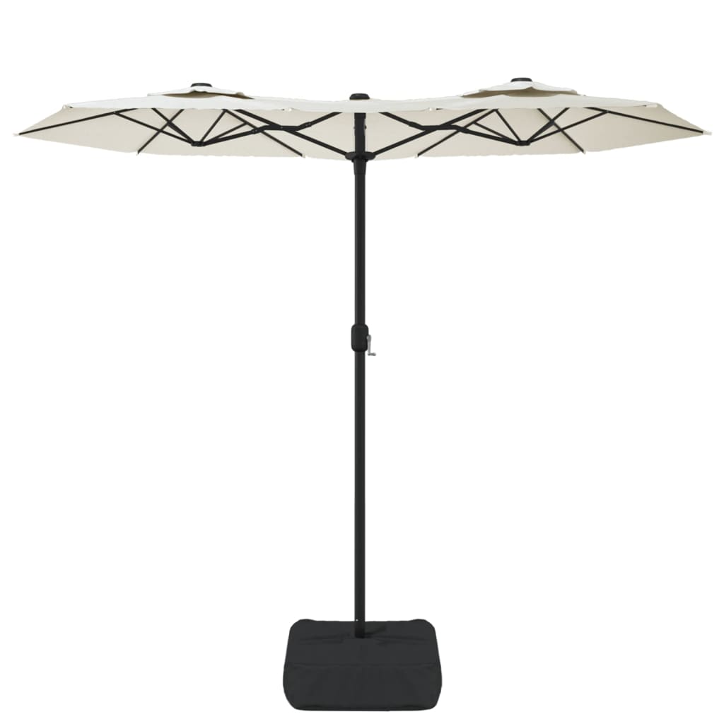 Guarda-sol de jardim c/ cabeça dupla/LED 316x145cm branco areia