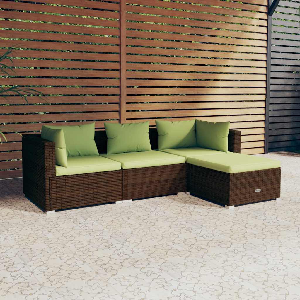 4 Pcs conjunto lounge jardim c/ almofadões vime PE castanho