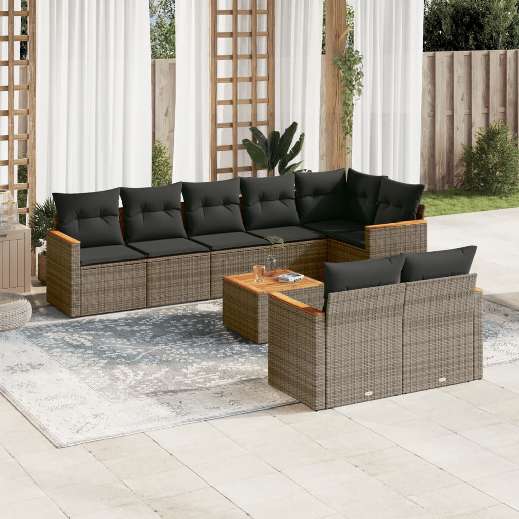 9 Pcs conjunto sofás p/ jardim com almofadões vime PE cinzento
