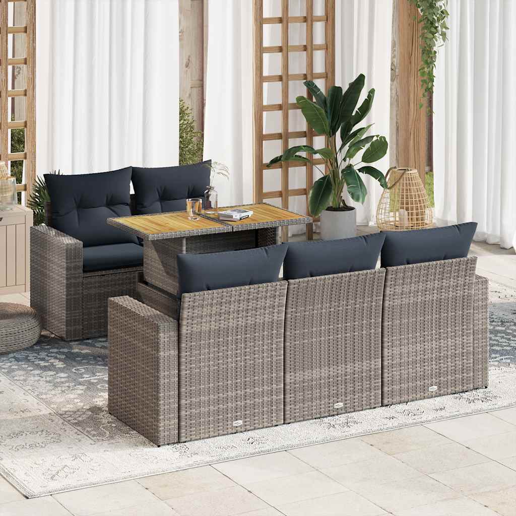 6 Pcs conjunto sofás de jardim com almofadões vime cinzento