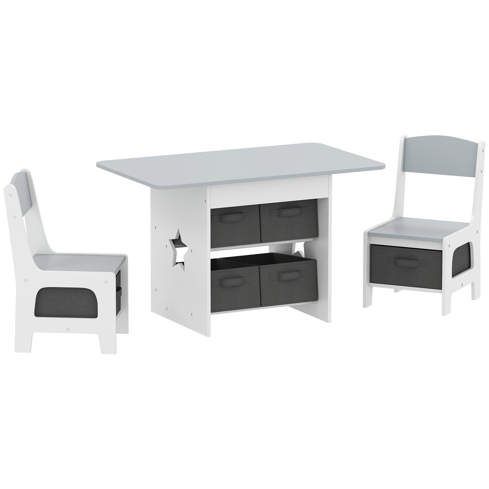 Mesa infantil com 2 cadeiras mesa e cadeiras para crianças com 6 gavetas de tecido desenho estrelas cinza claro