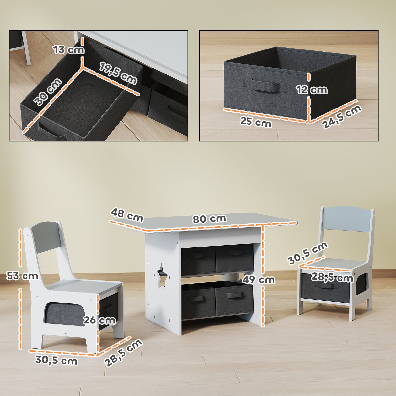 Mesa infantil com 2 cadeiras mesa e cadeiras para crianças com 6 gavetas de tecido desenho estrelas cinza claro
