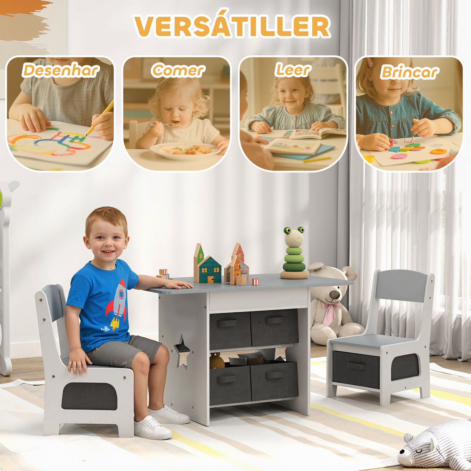 Mesa infantil com 2 cadeiras mesa e cadeiras para crianças com 6 gavetas de tecido desenho estrelas cinza claro