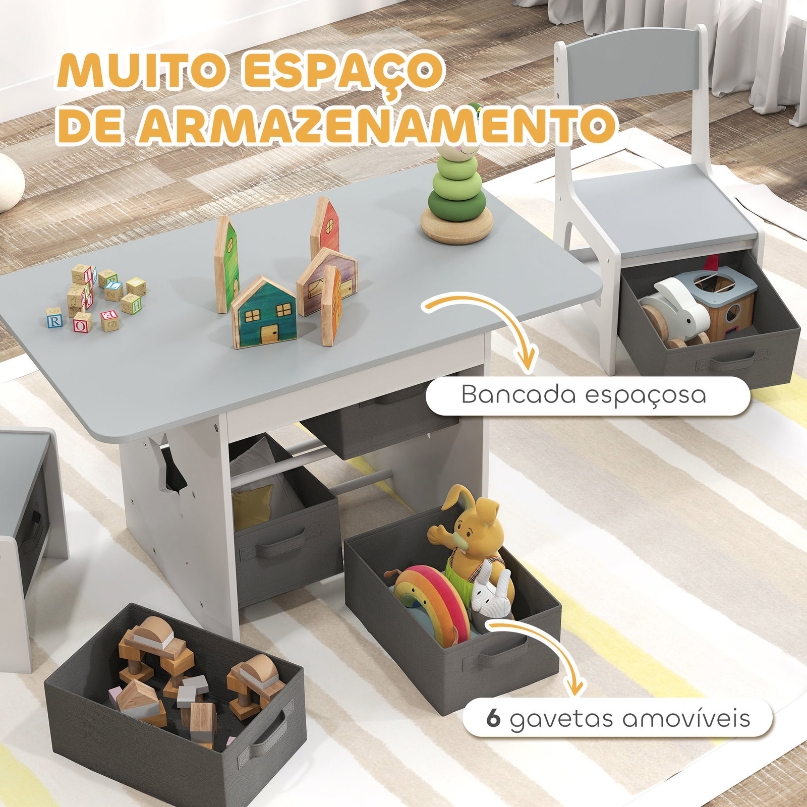 Mesa infantil com 2 cadeiras mesa e cadeiras para crianças com 6 gavetas de tecido desenho estrelas cinza claro