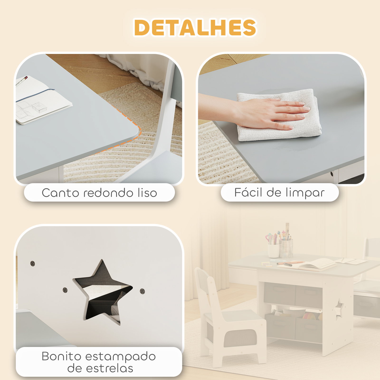 Mesa infantil com 2 cadeiras mesa e cadeiras para crianças com 6 gavetas de tecido desenho estrelas cinza claro
