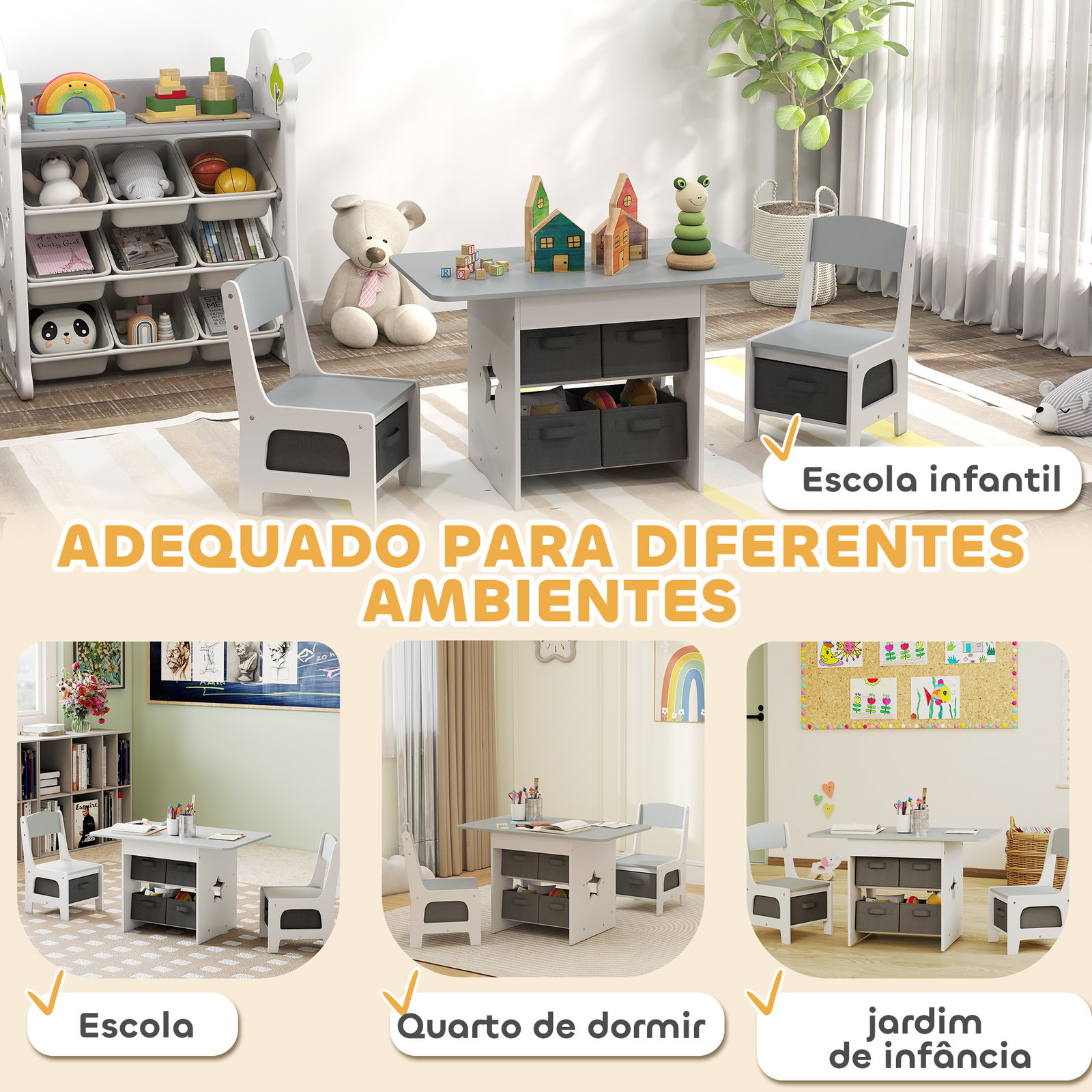 Mesa infantil com 2 cadeiras mesa e cadeiras para crianças com 6 gavetas de tecido desenho estrelas cinza claro