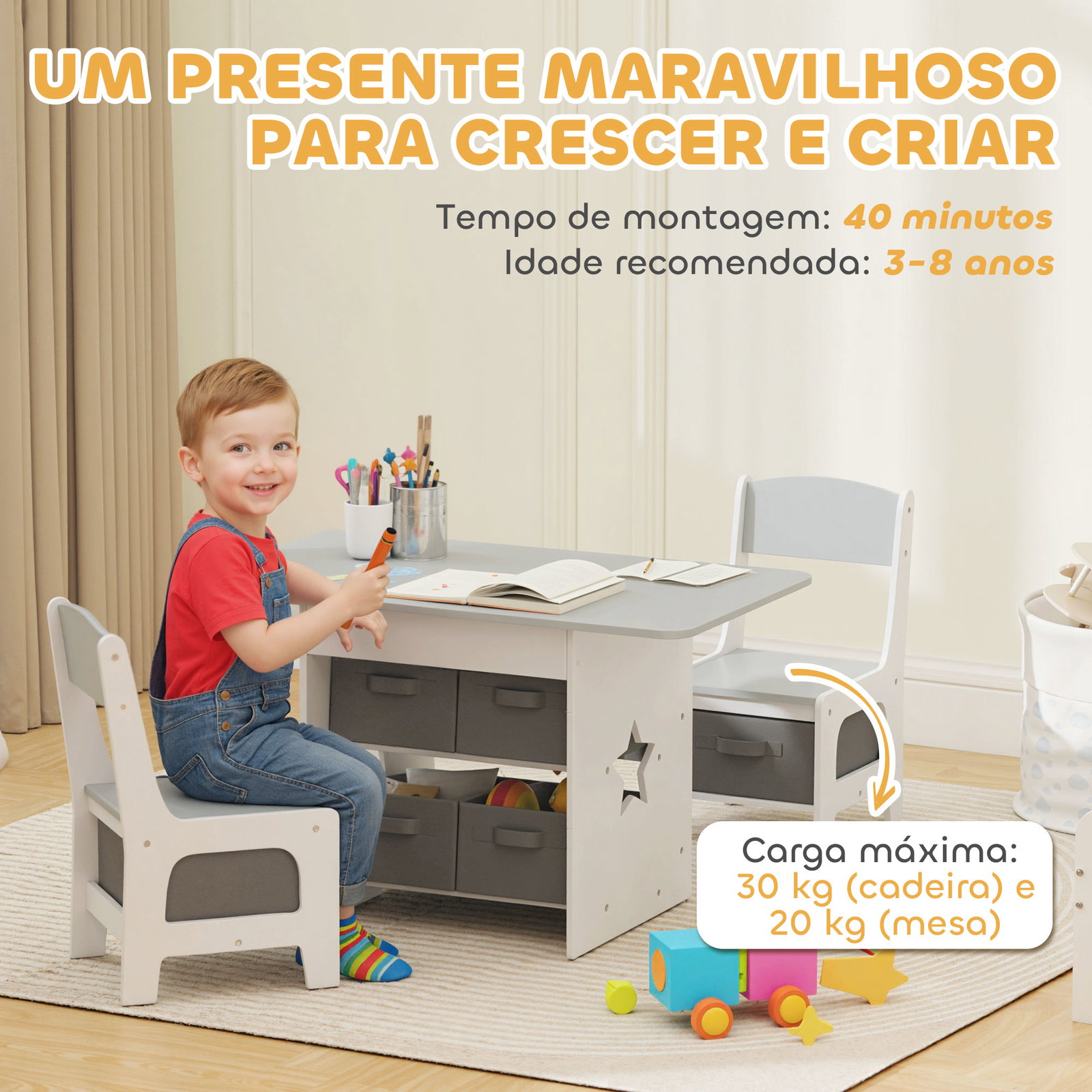 Mesa infantil com 2 cadeiras mesa e cadeiras para crianças com 6 gavetas de tecido desenho estrelas cinza claro