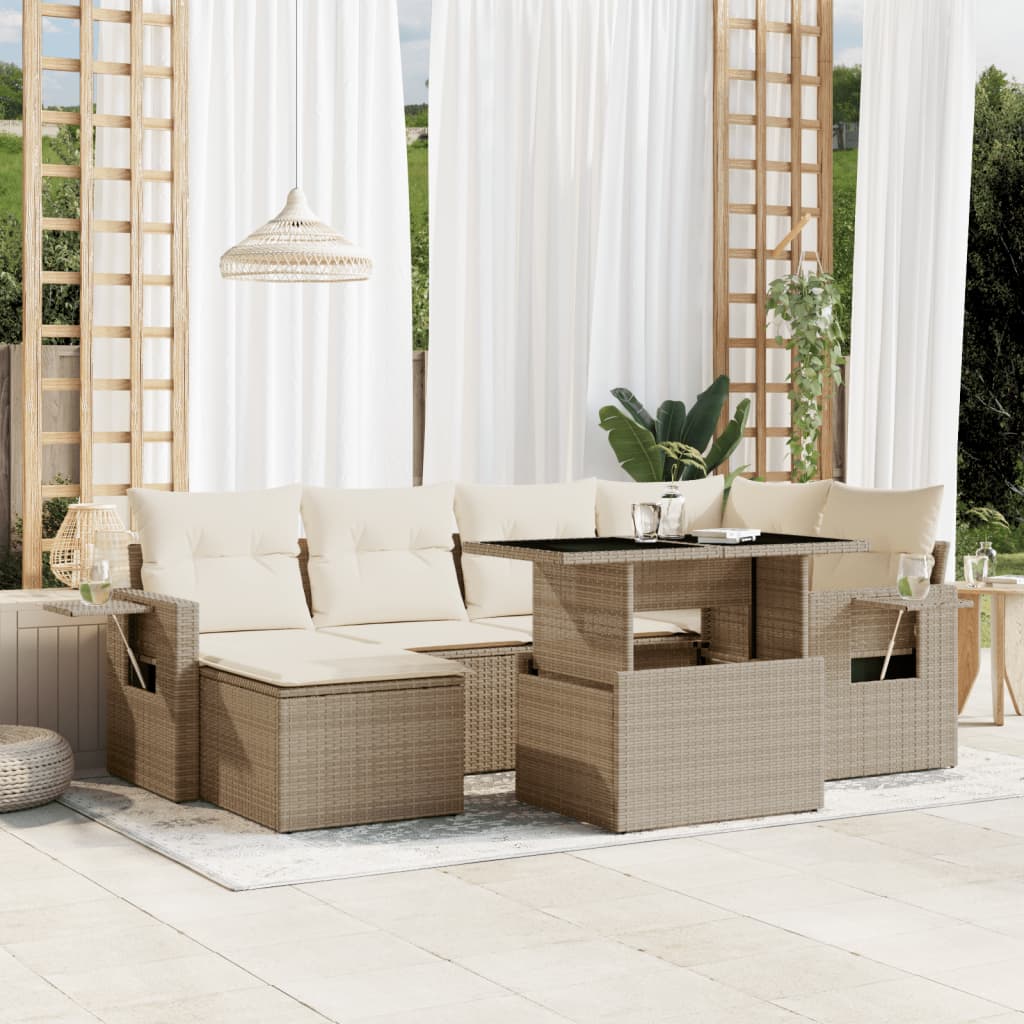 7 Pcs conjunto de sofás p/ jardim com almofadões vime PE bege