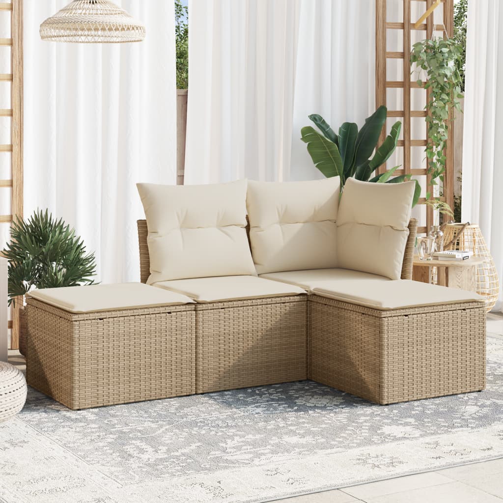 4 Pcs conjunto de sofás para jardim c/ almofadões vime PE bege