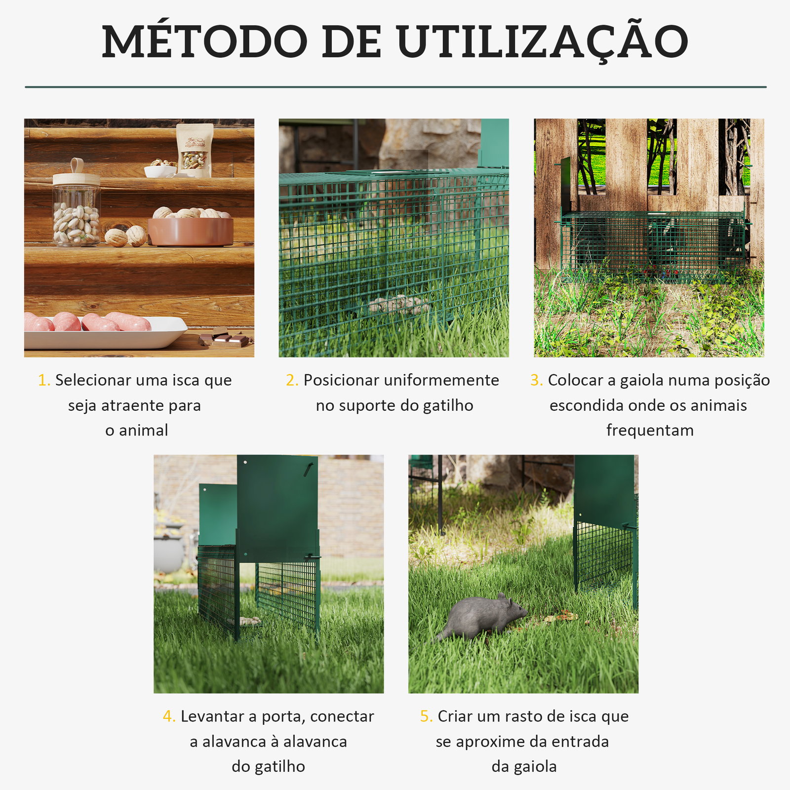 Armadilha para Animais Vivos 60x18x20 cm com 2 Portas, Pega e Estrutura em Aço para Ratos e Roedores - Verde