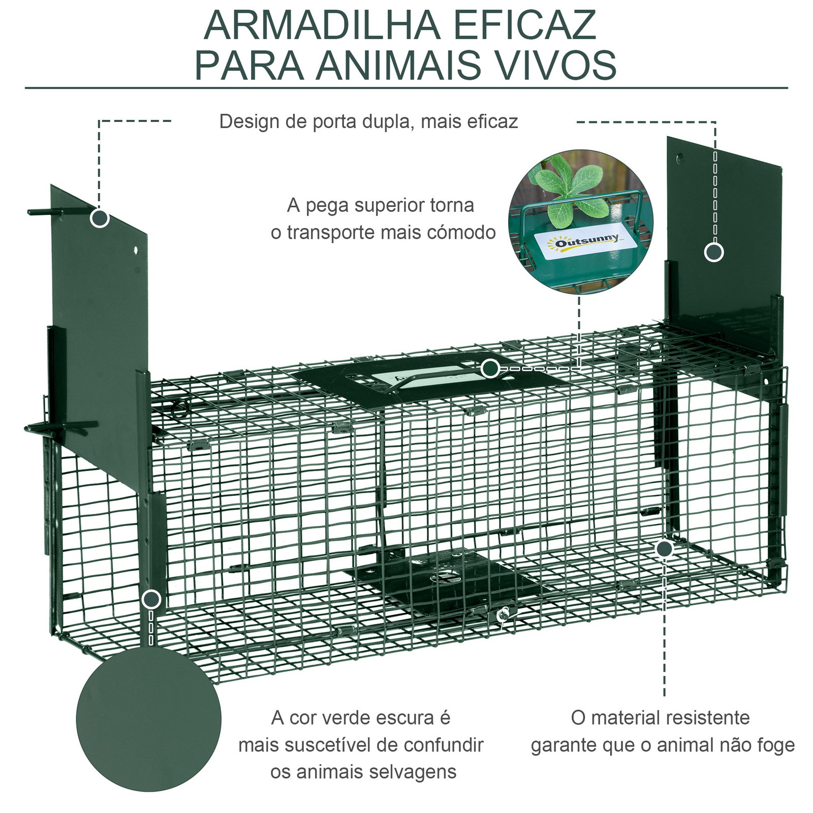 Armadilha para Animais Vivos 60x18x20 cm com 2 Portas, Pega e Estrutura em Aço para Ratos e Roedores - Verde