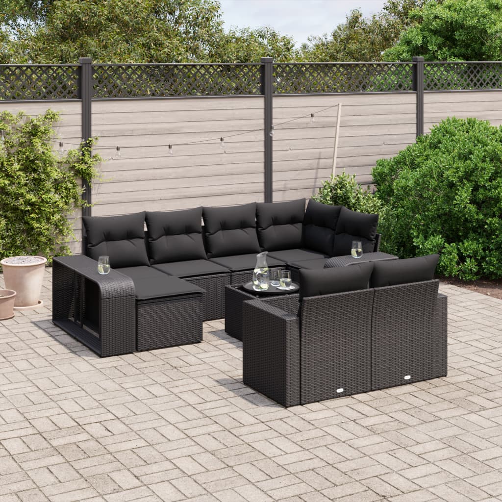 11 Pcs conjunto sofás de jardim c/ almofadões vime PE preto
