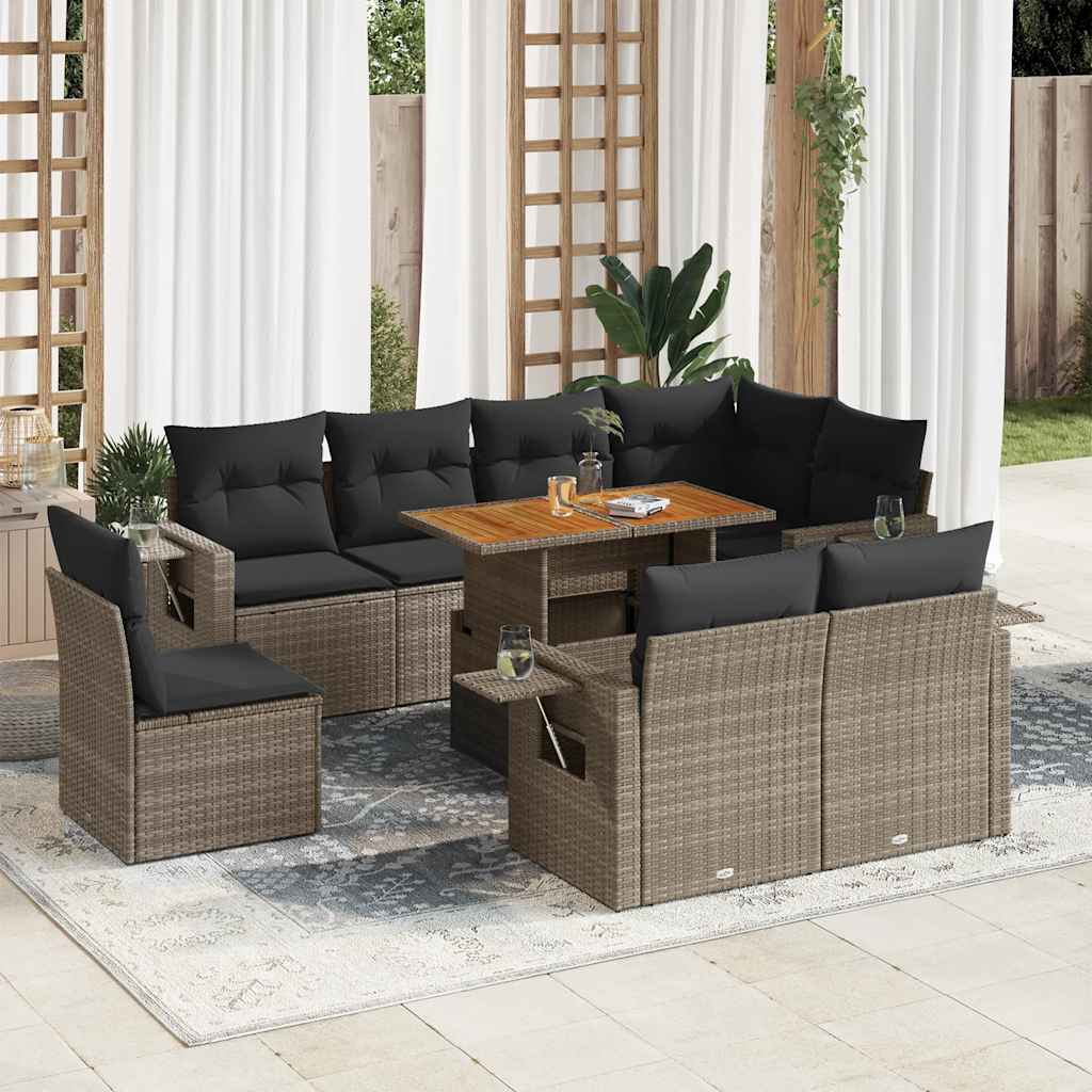 9 Pcs conjunto sofás p/ jardim com almofadões vime PE cinzento