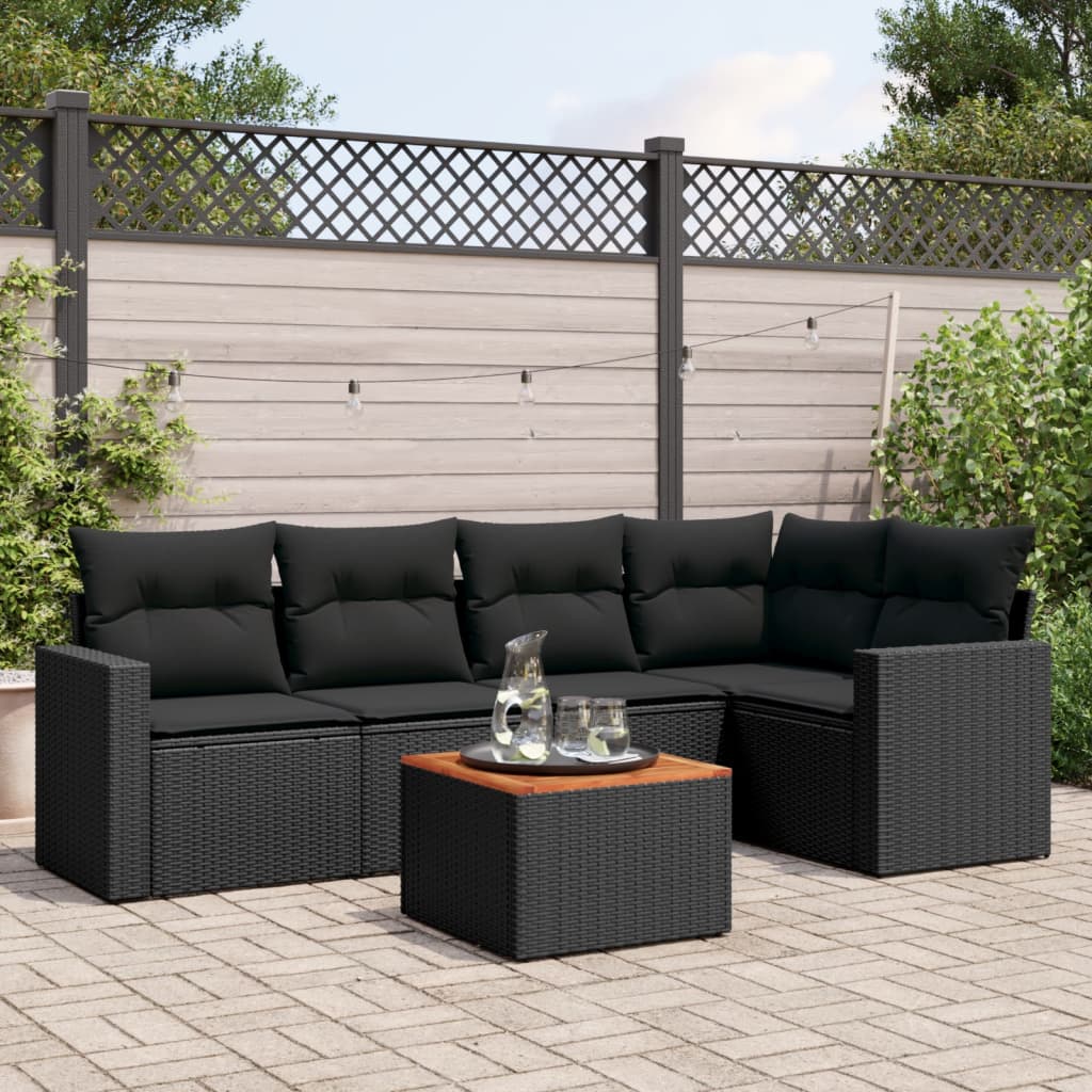 6 Pcs conjunto sofás de jardim c/ almofadões vime PE preto