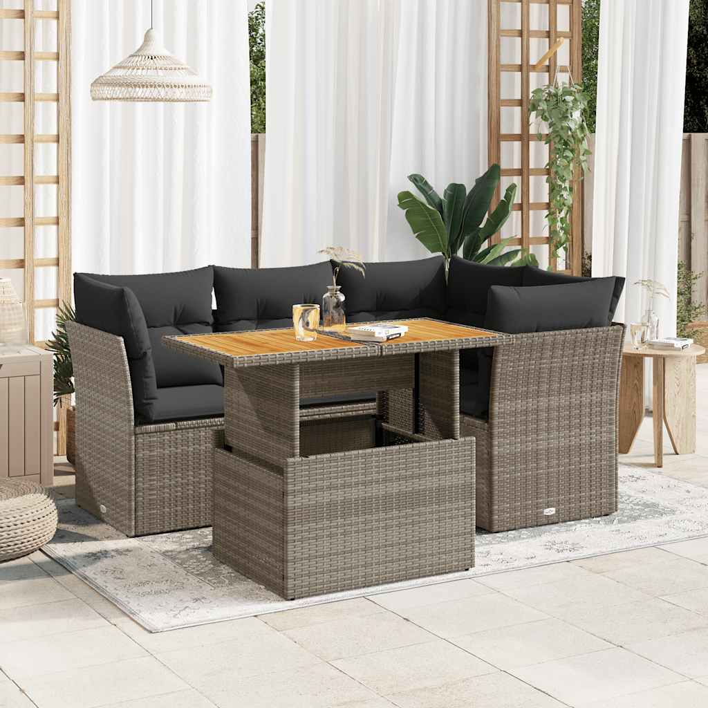 5 Pcs conjunto sofás de jardim c/ almofadões vime PE cinzento
