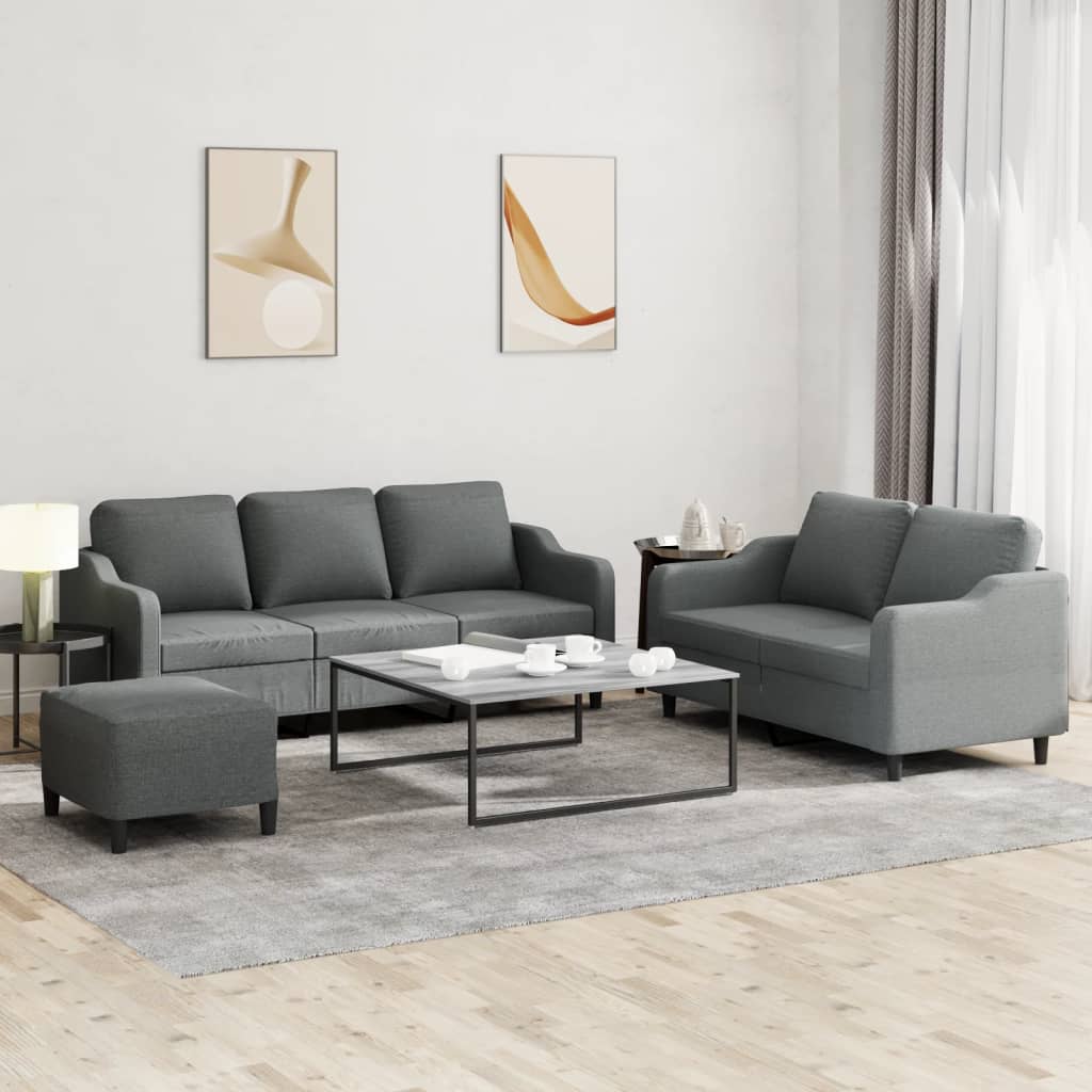 3 Pcs conjunto de sofás com almofadões tecido cinzento-escuro