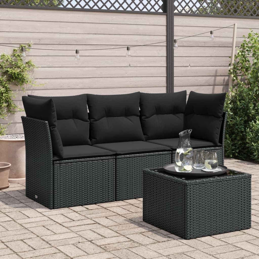 4 Pcs conjunto de sofás para jardim c/ almofadões vime PE preto