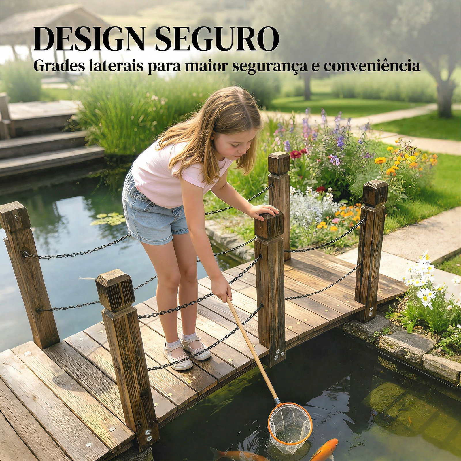 Ponte de jardim de madeira 1,51 m ponte decorativa para lagos rústica com corrimões de segurança carbonizada