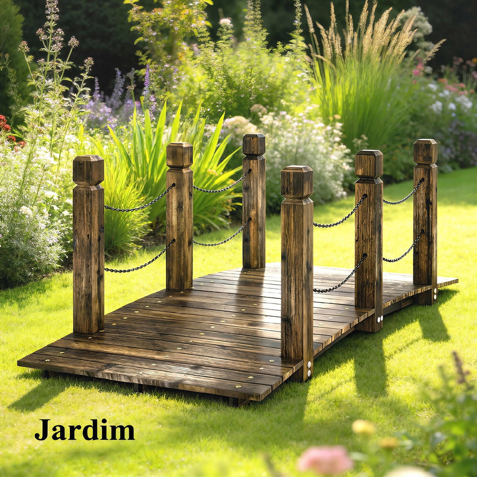Ponte de jardim de madeira 1,51 m ponte decorativa para lagos rústica com corrimões de segurança carbonizada