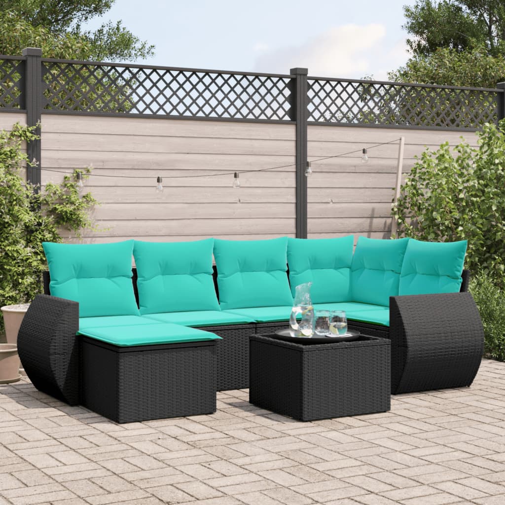 Conjunto de sofá de jardim com 7 peças e almofadas em rattan sintético preto