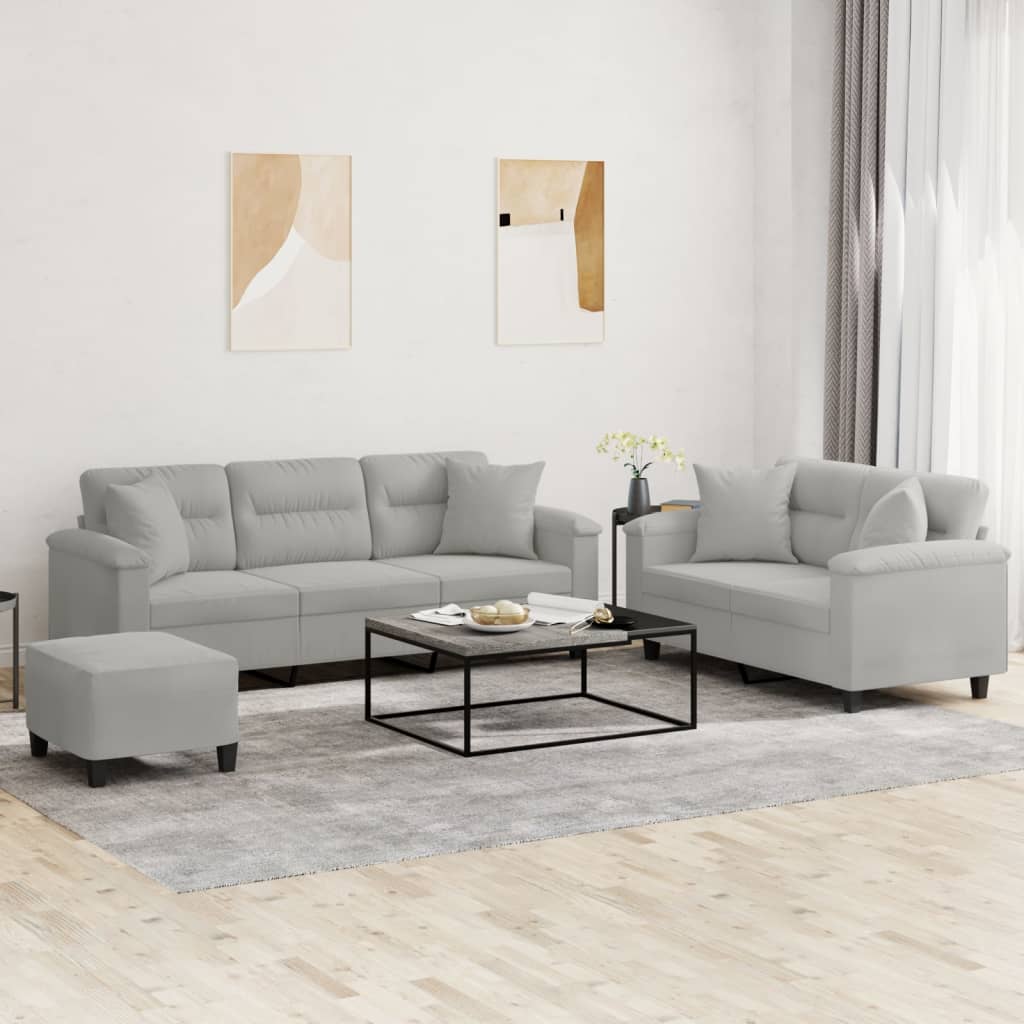 3 Pcs conjunto sofás c/ almofadas tecido microfibra cinza-claro