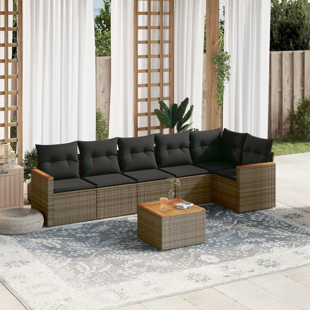 7 Pcs conjunto sofás p/ jardim c/ almofadões vime PE cinzento