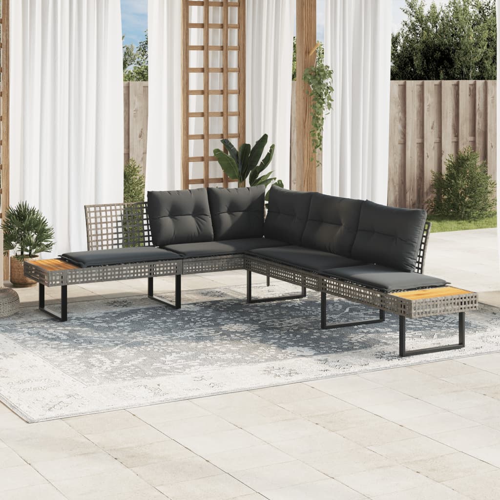 Sofá de jardim em forma de l c/ almofadões vime PE/acácia cinza