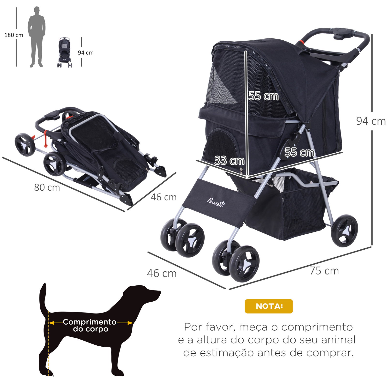 Carrinho para Animais de Estimação Dobrável para Cães com Capô Ajustável Cesta de Armazenamento e Rodas com Freio Tecido Oxford