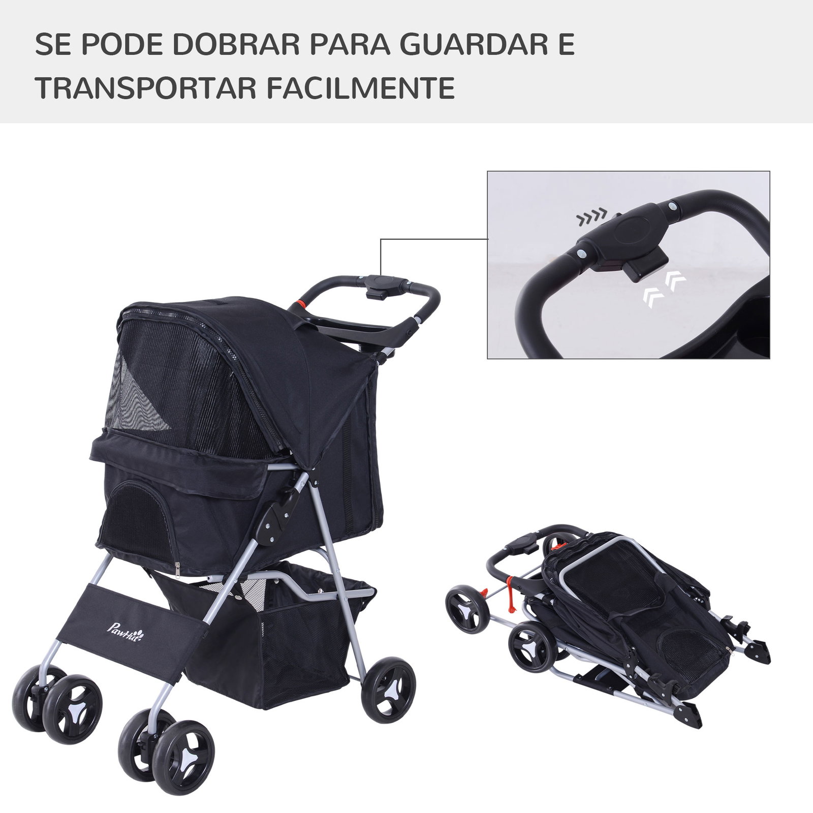 Carrinho para Animais de Estimação Dobrável para Cães com Capô Ajustável Cesta de Armazenamento e Rodas com Freio Tecido Oxford